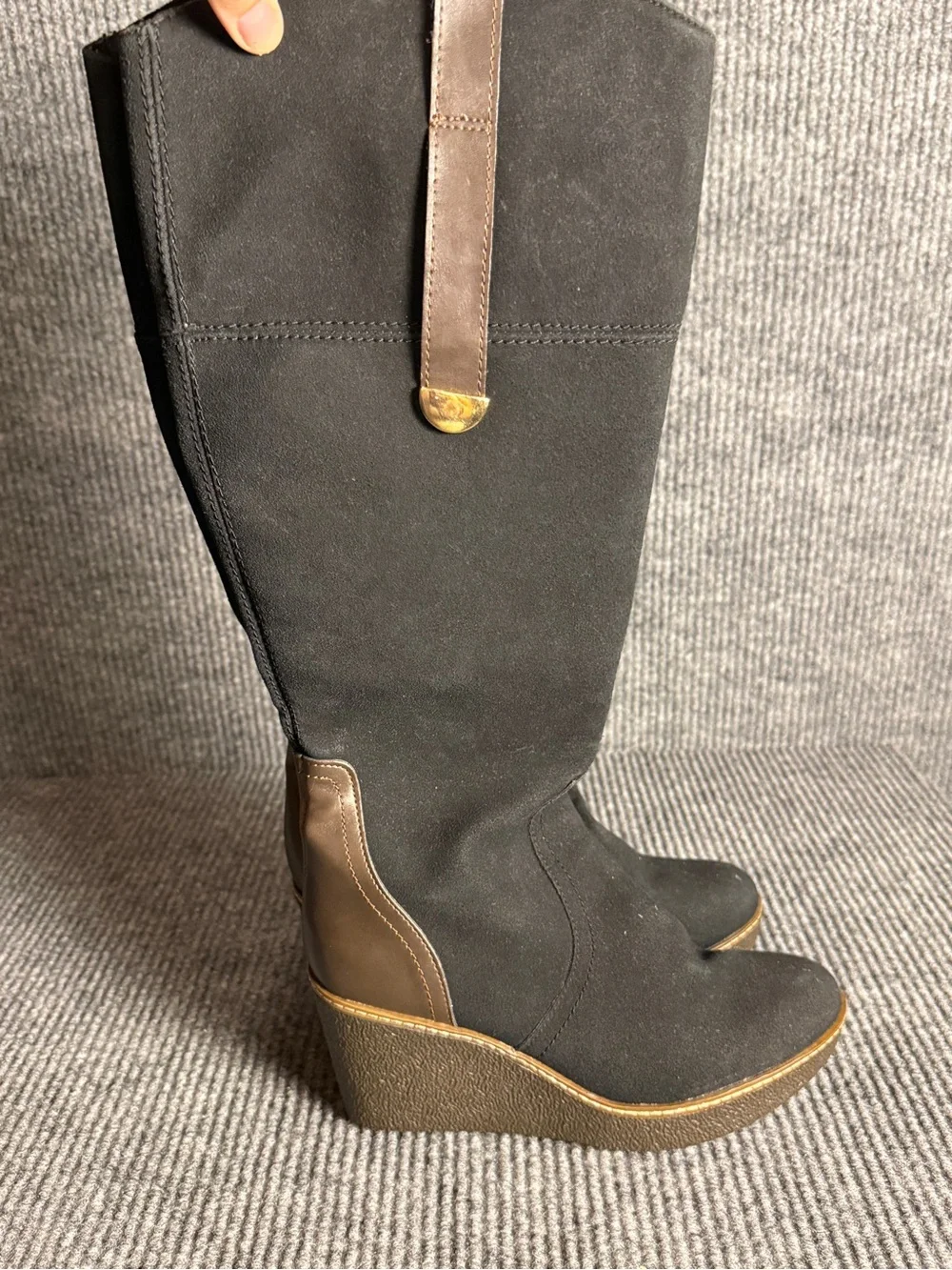 Route 66 Black Suede Knee High Wedge Boots Brown Trim Size 9